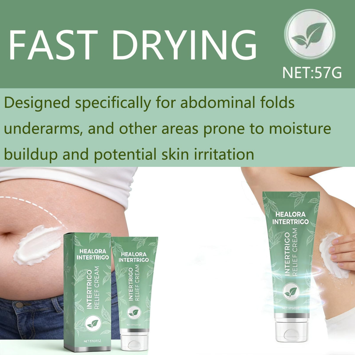 Healora Intertrigo applied under breast demonstrating friction reduction benefit