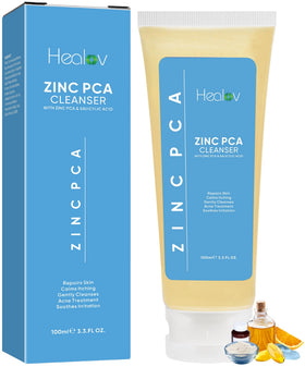 Healov front packaging showing zinc face wash and calming benefits