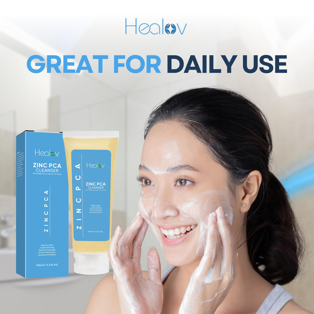 Healov bar in shower being used to cleanse face and body gently