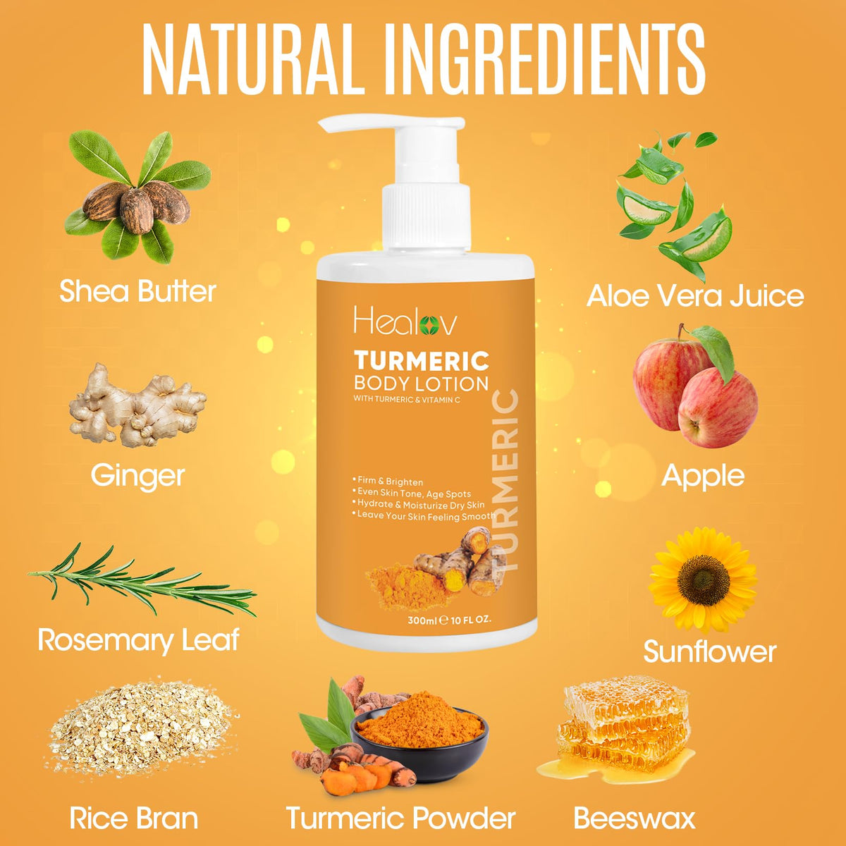 Healov ingredient display with turmeric root and botanicals emphasizing natural formulation benefits