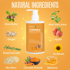 Healov ingredient display with turmeric root and botanicals emphasizing natural formulation benefits