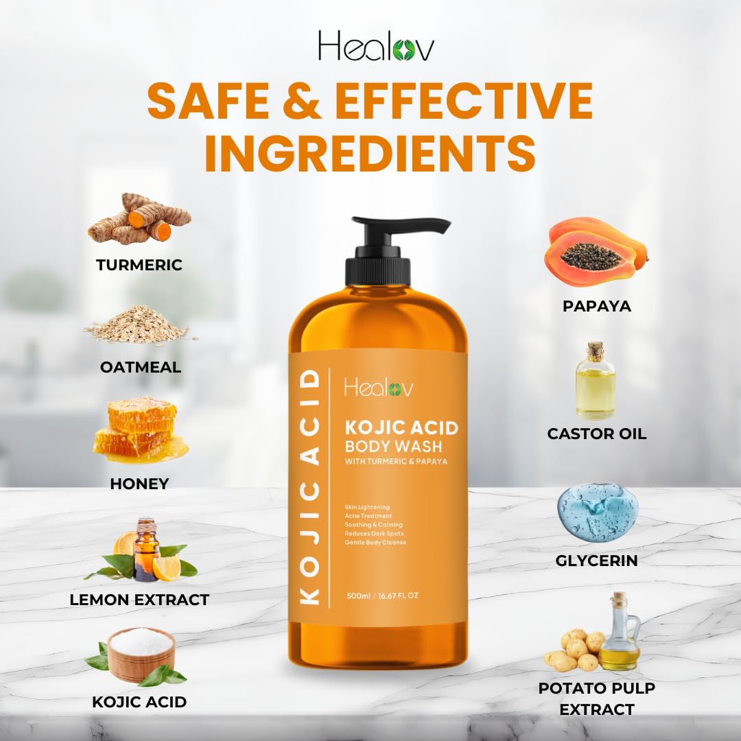 Healov label close-up listing kojic acid and natural ingredient details