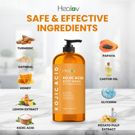 Healov label close-up listing kojic acid and natural ingredient details