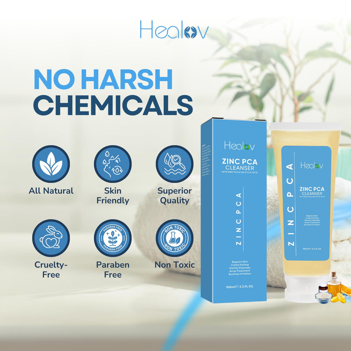Healov soap on bathroom shelf in lifestyle scene promoting calm routine