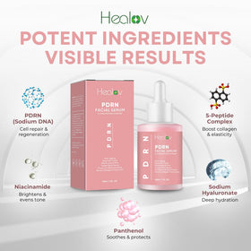 Healov bottle staged with moisturizer and SPF suggests layered routine benefits