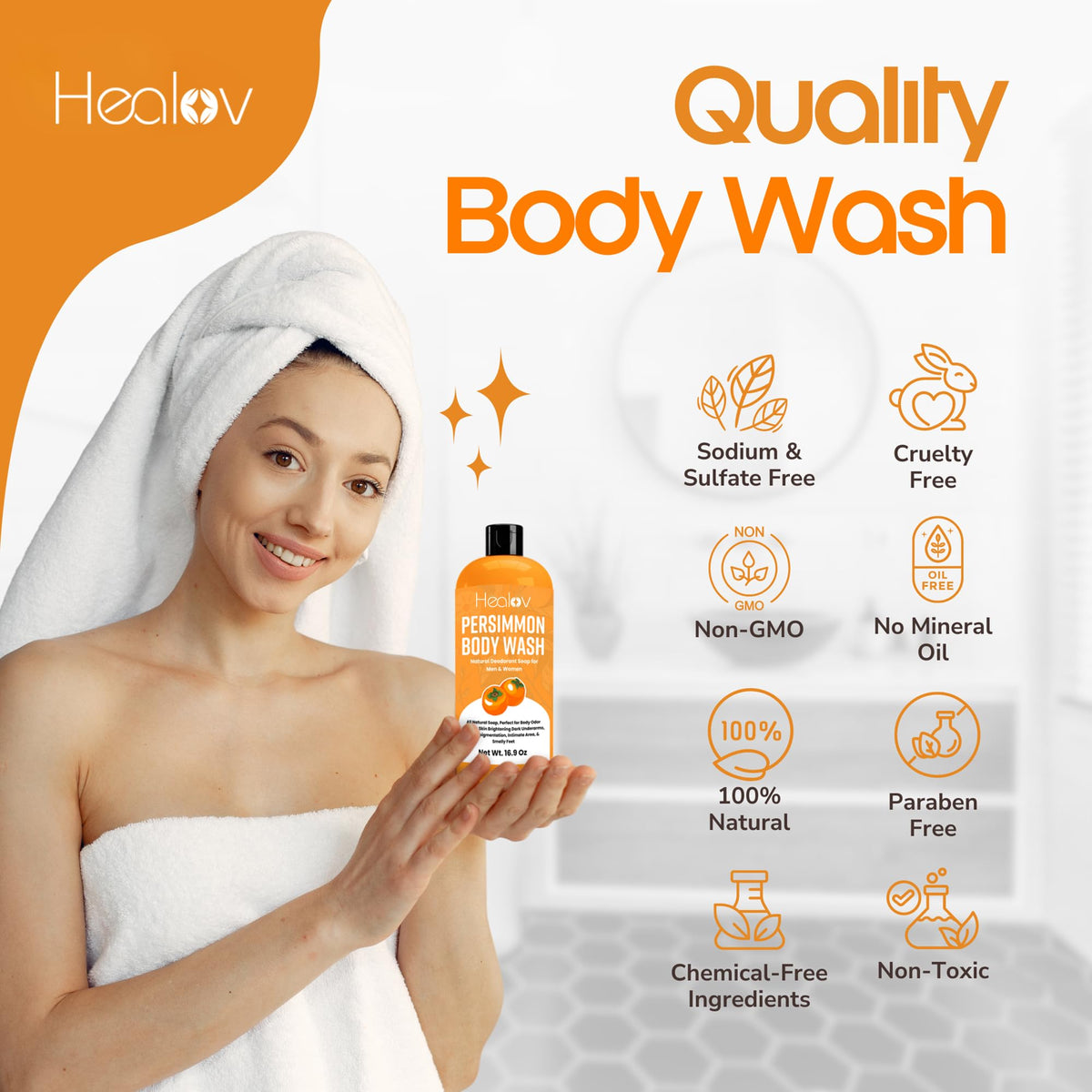 Healov ingredient label highlighting persimmon extract and natural formulation