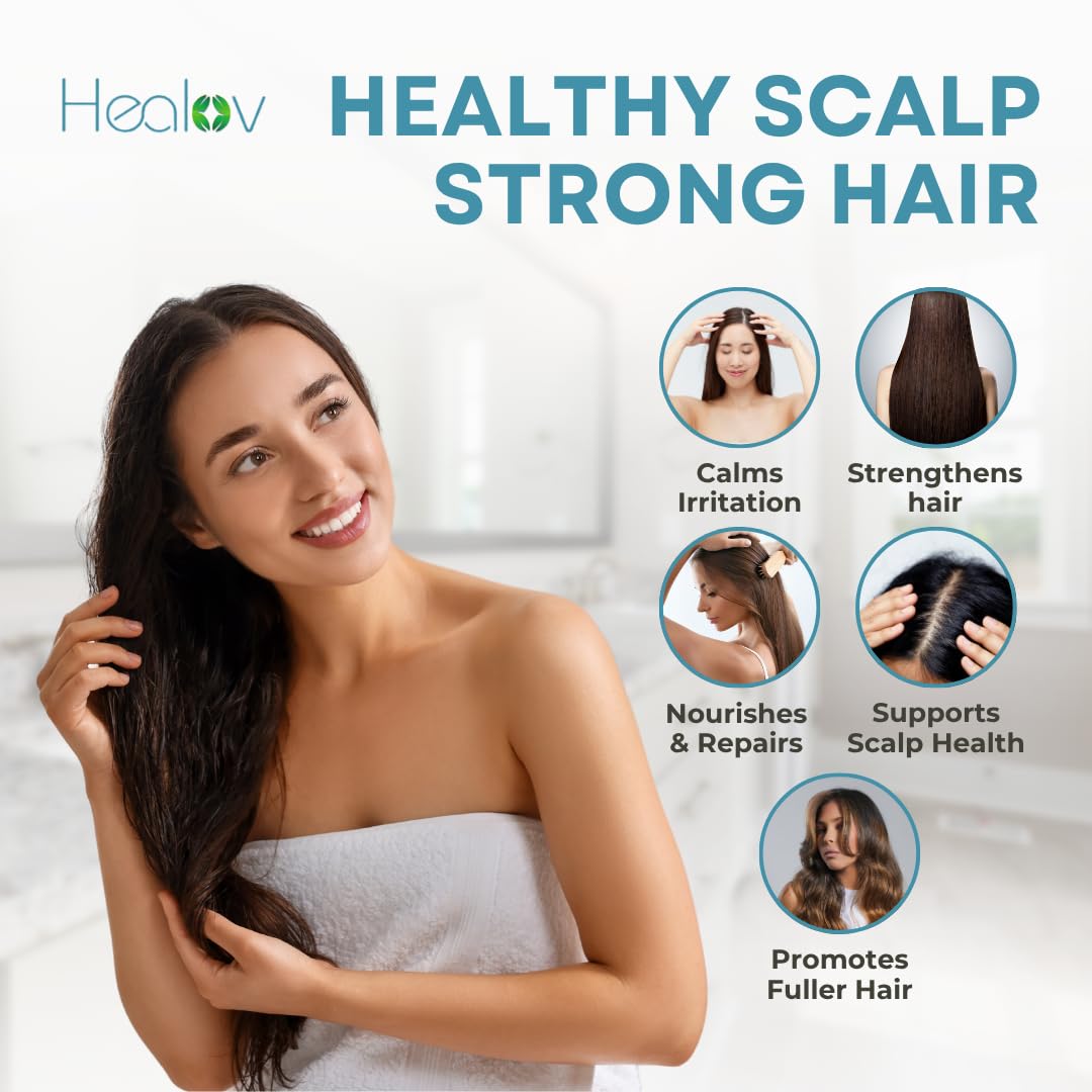 Healov shampoo being massaged into scalp showing soothing action