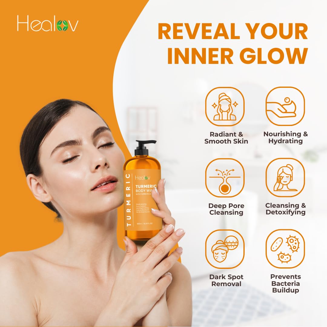 Healov body wash in hand under shower demonstrating smooth cleansing