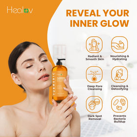 Healov body wash in hand under shower demonstrating smooth cleansing