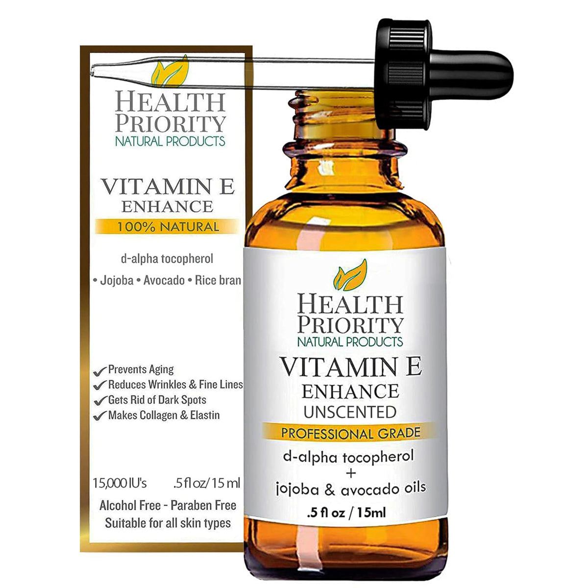Health Priority Naturals front packaging showing vitamin E oil benefits