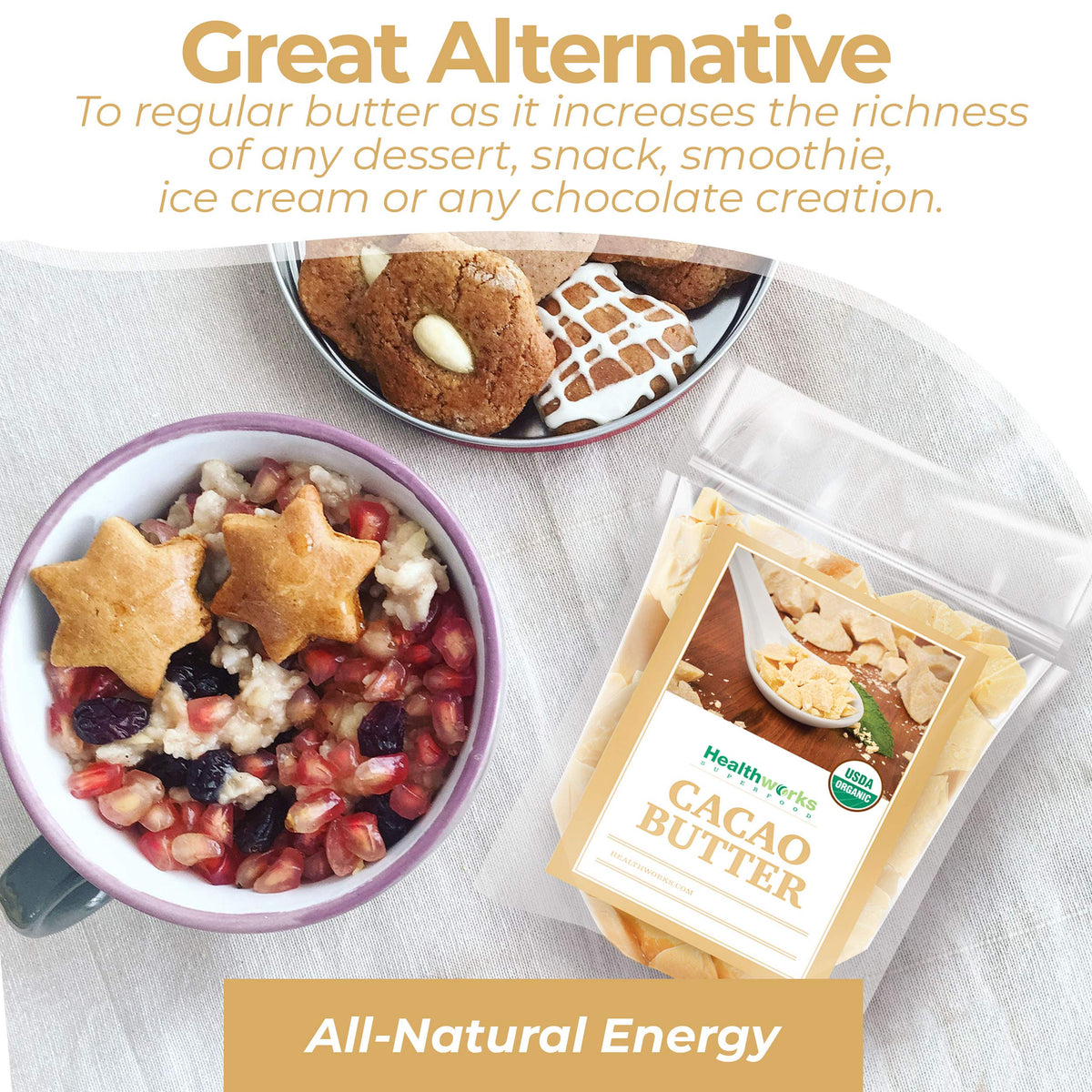 Healthworks Superfoods cacao butter used in baking adding rich mouthfeel