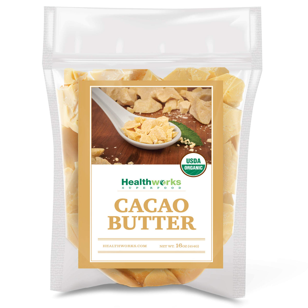 Healthworks Superfoods front packaging showing organic cacao butter benefits