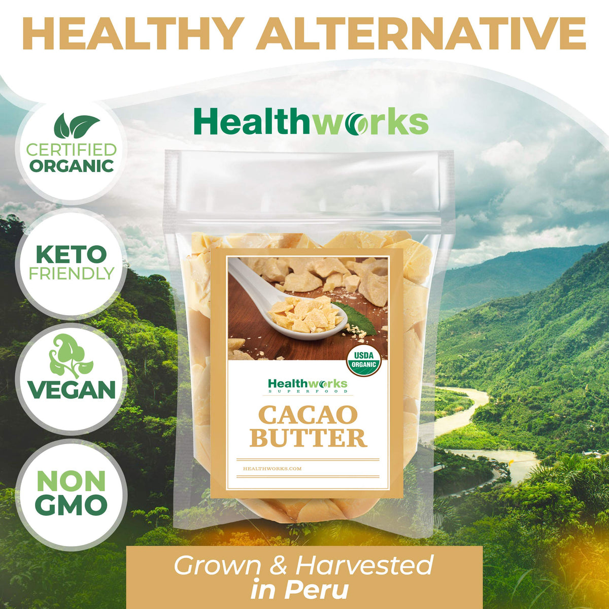 Healthworks Superfoods jar label displayed for organic certification clarity