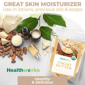 Healthworks Superfoods cacao butter next to a measuring scale for portioning