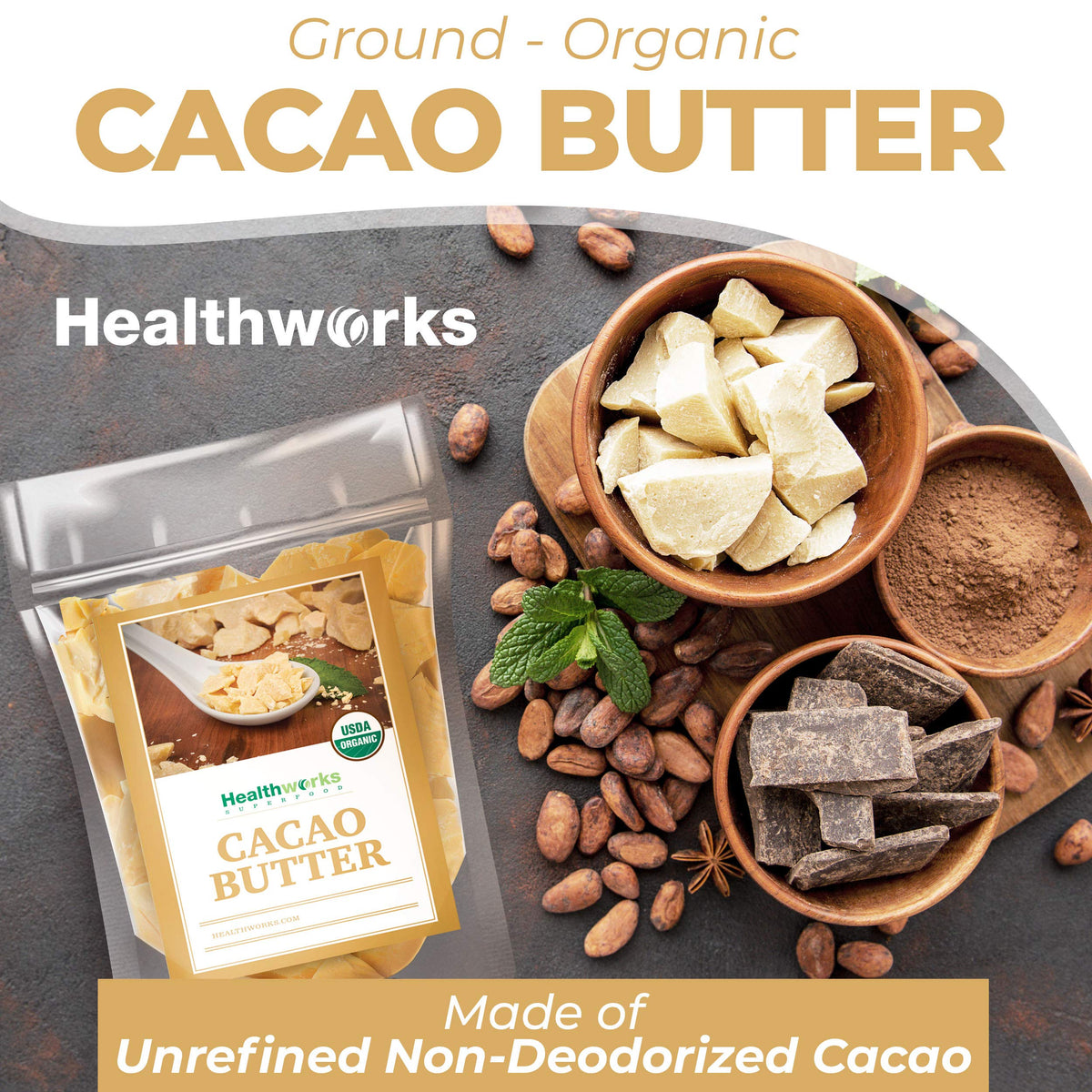Healthworks Superfoods pouring a solid block of cacao butter to show meltability benefits