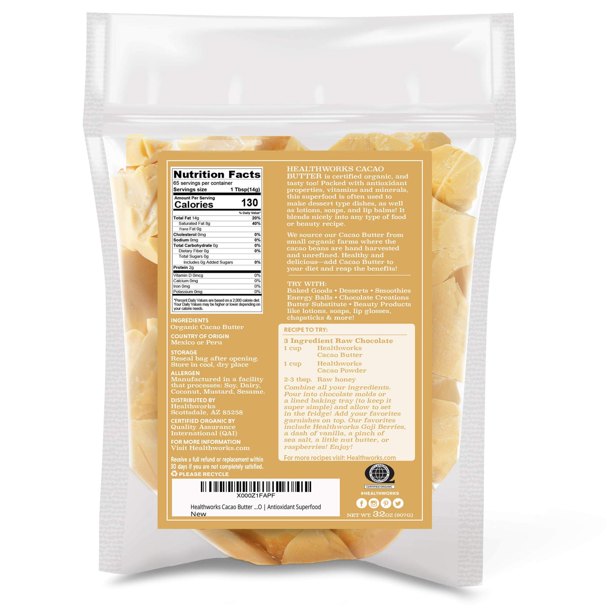 Healthworks Superfoods close-up texture of solid cacao butter demonstrating creamy purity