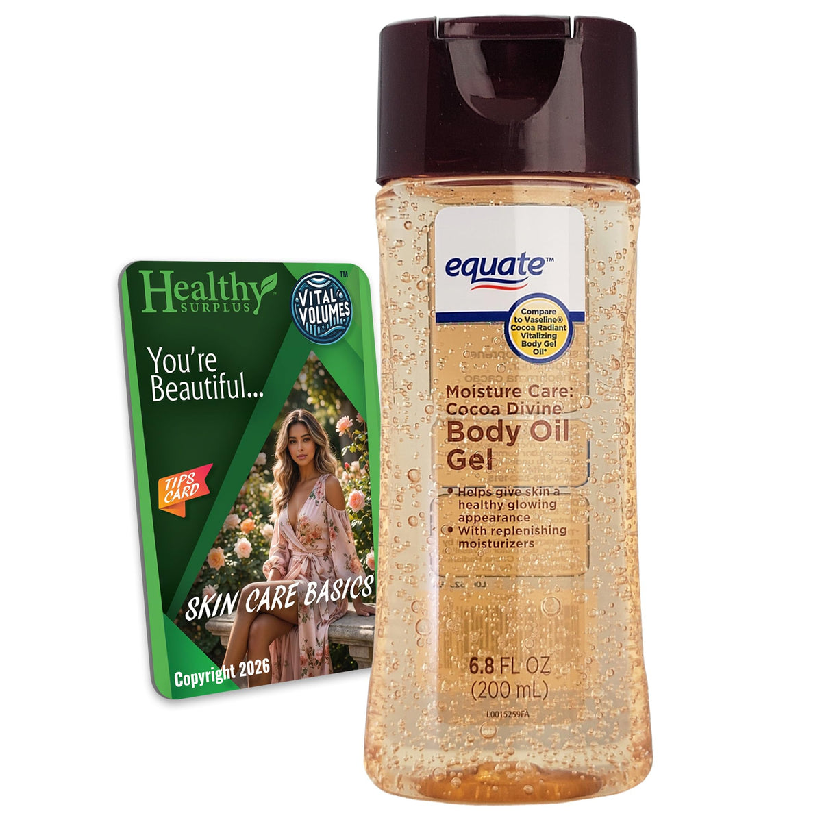 Healthy Surplus Equate body oil gel front packaging showing 6.8 fl oz and cocoa scent benefits
