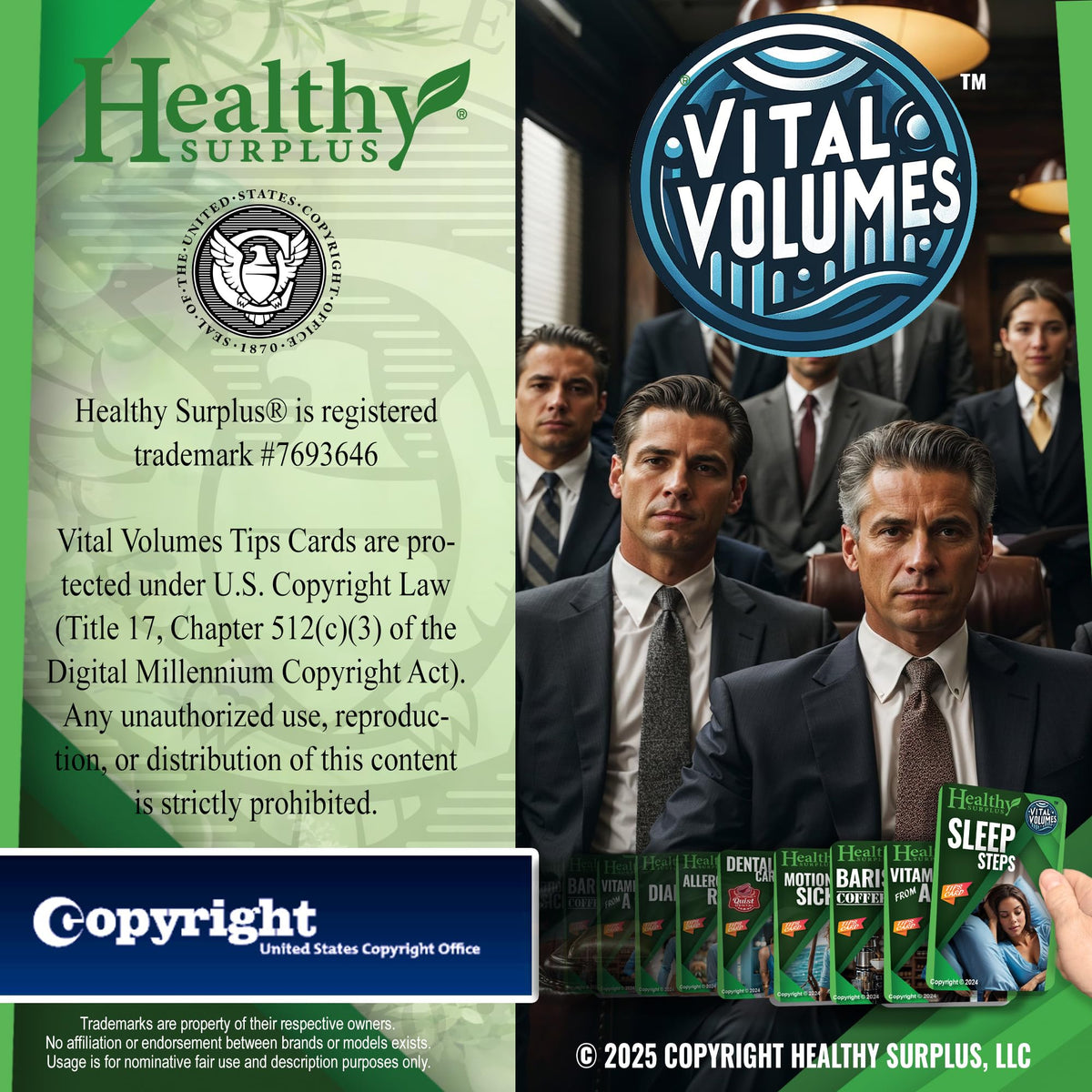Healthy Surplus Vital Volumes tips card flatlay with product showing quick skin-care guidance benefit