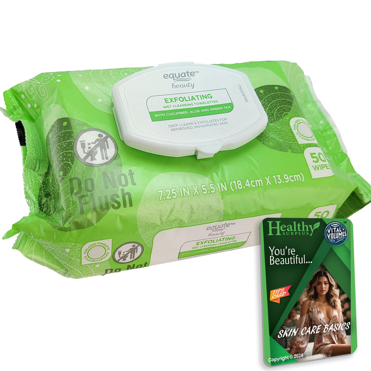 Healthy Surplus Equate front packaging showing 50-count wipes and branding for convenience