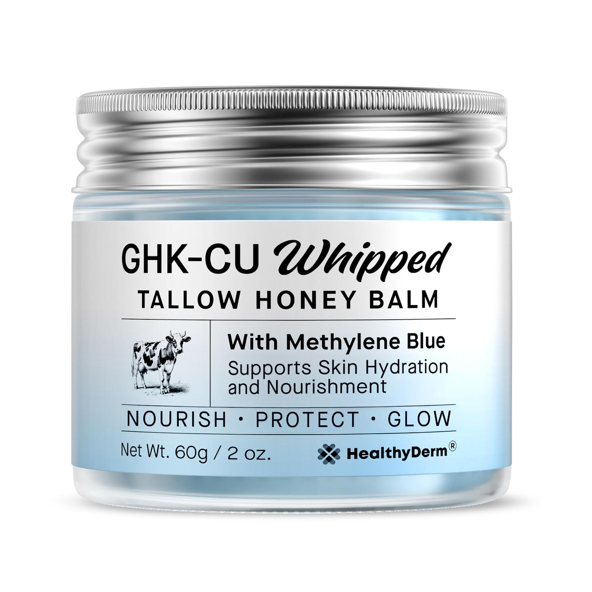 HealthyDerm beef tallow rendered display linking grass-fed source and barrier support benefit
