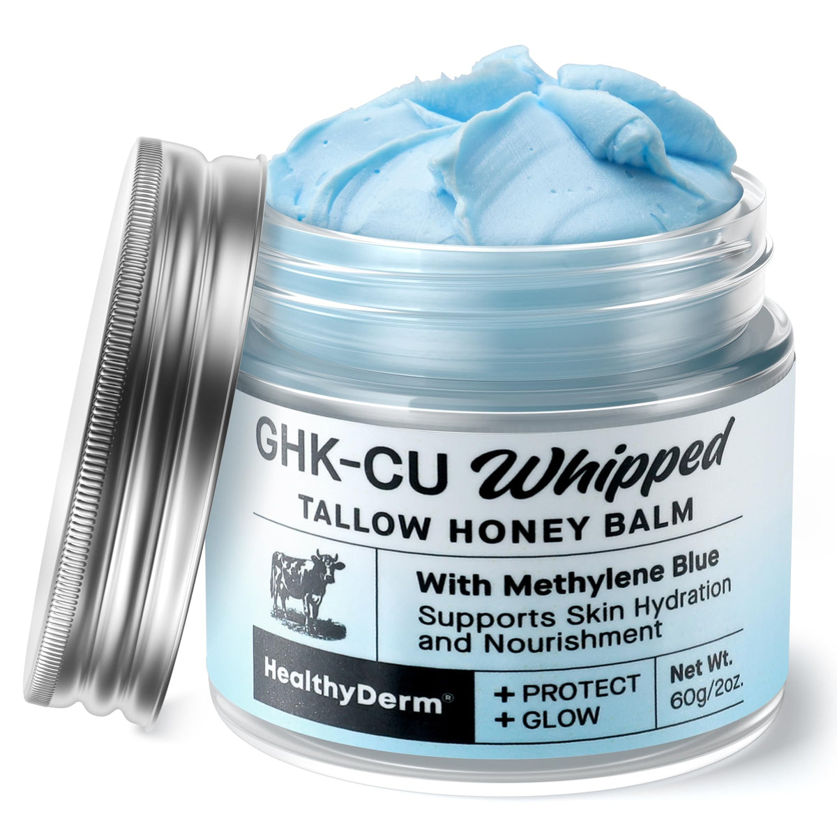 HealthyDerm front jar shot showing blue balm and clear branding, promotes hydration