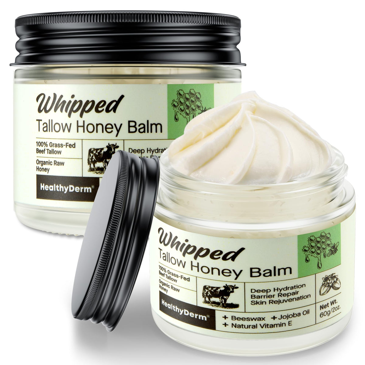 HealthyDerm front packaging showing tallow honey balm, provides nourishing moisture
