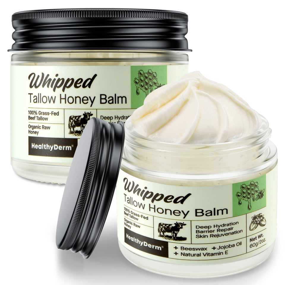 HealthyDerm front packaging showing tallow honey balm, provides nourishing moisture