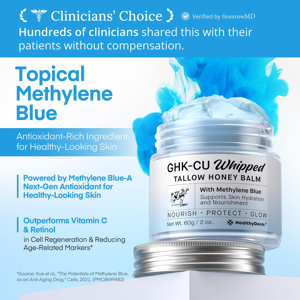 HealthyDerm open jar with visible blue balm for easy application and moisturizing benefit