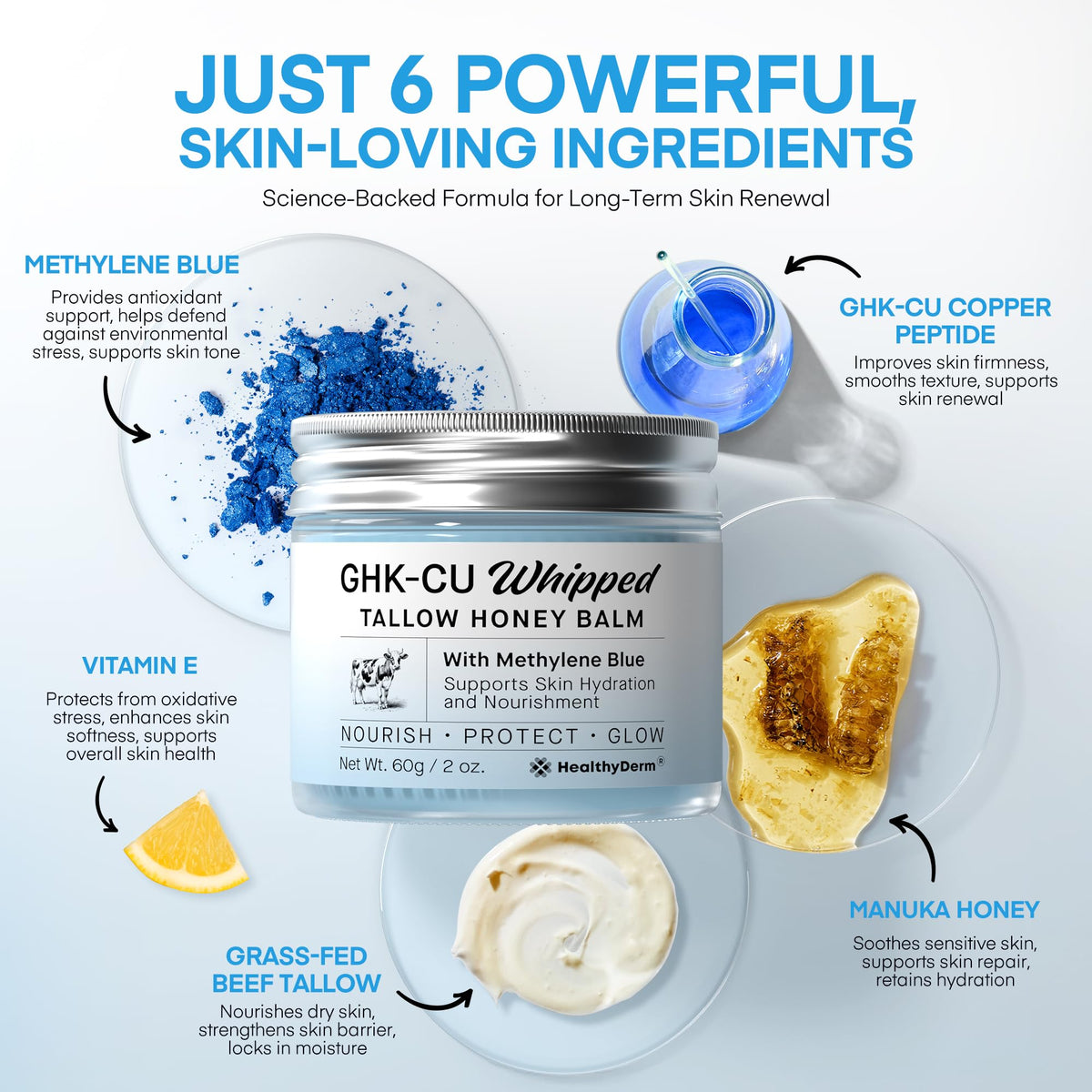 HealthyDerm label close-up highlighting ingredients like GHK-Cu and Manuka for informed choice