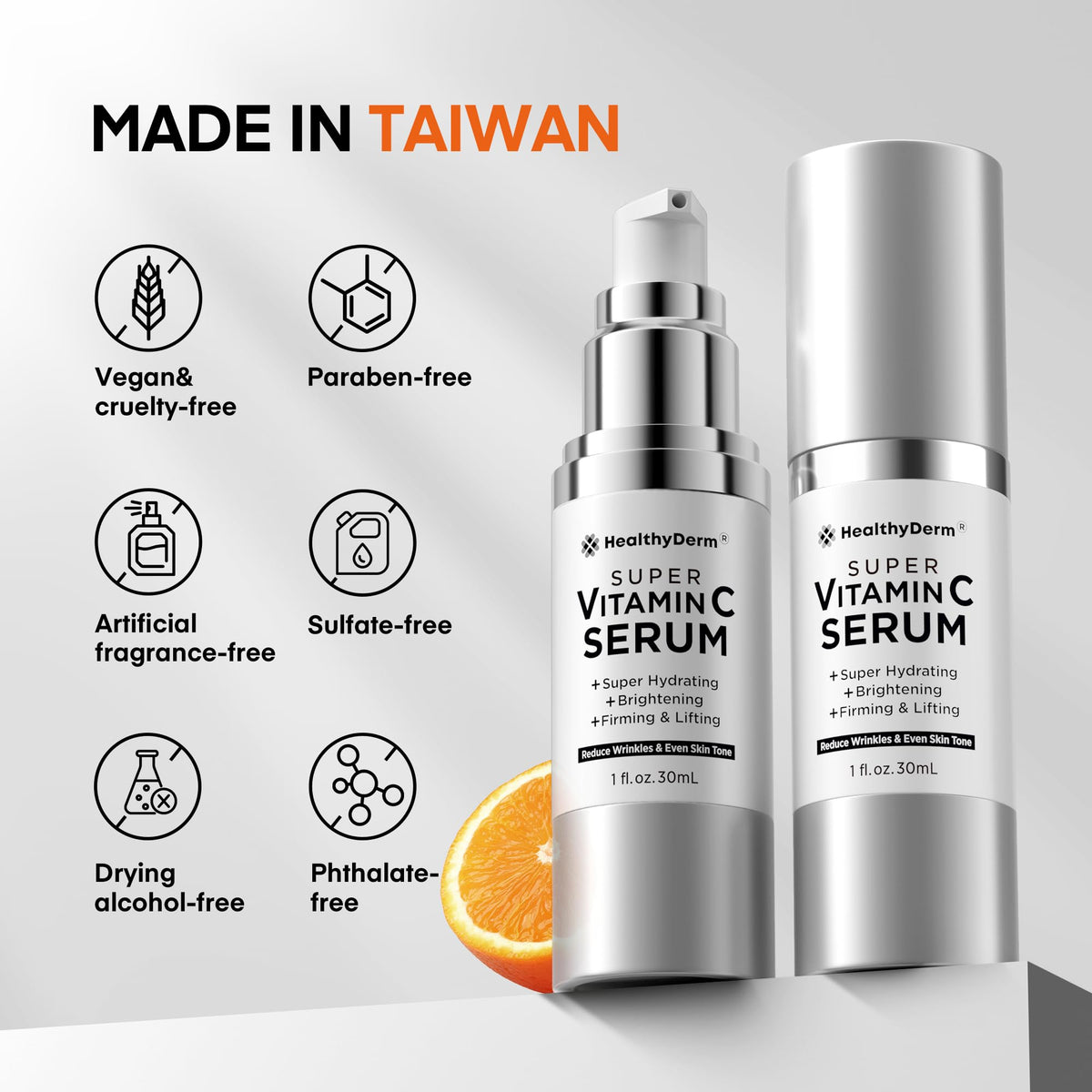 HealthyDerm bottle next to coin showing compact size and travel convenience benefit