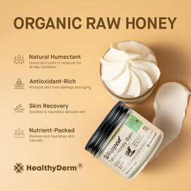 HealthyDerm 4oz jar next to card showing compact travel-friendly benefit