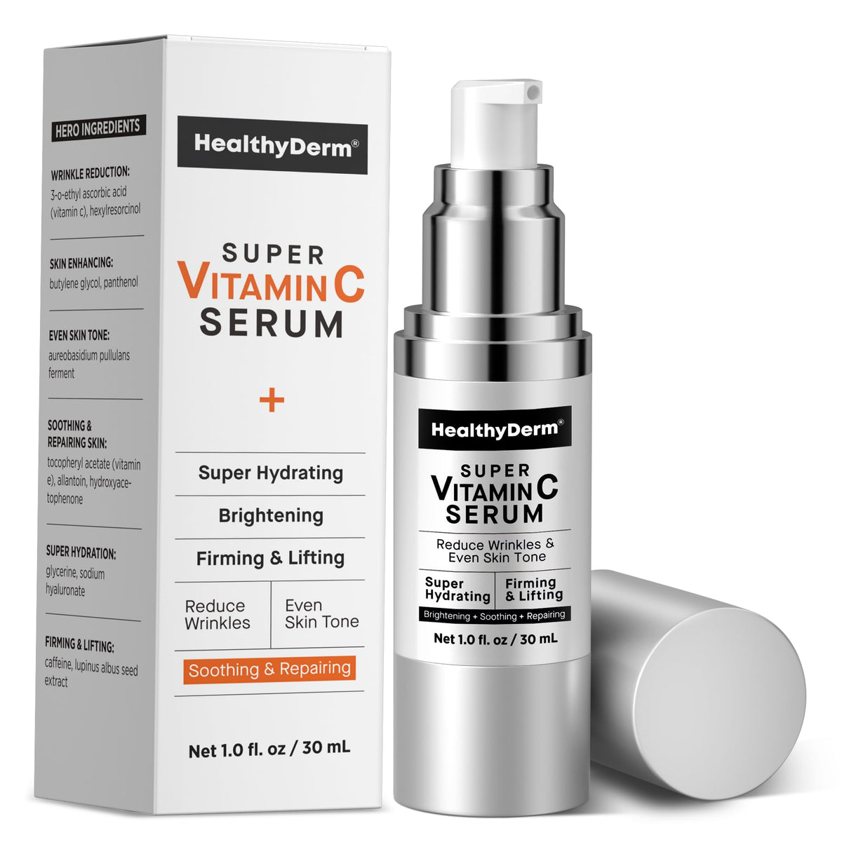 HealthyDerm front bottle view showing elegant label and clear formulation benefit