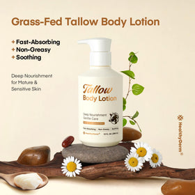 HealthyDerm ingredients flatlay with shea, aloe and grass-fed tallow