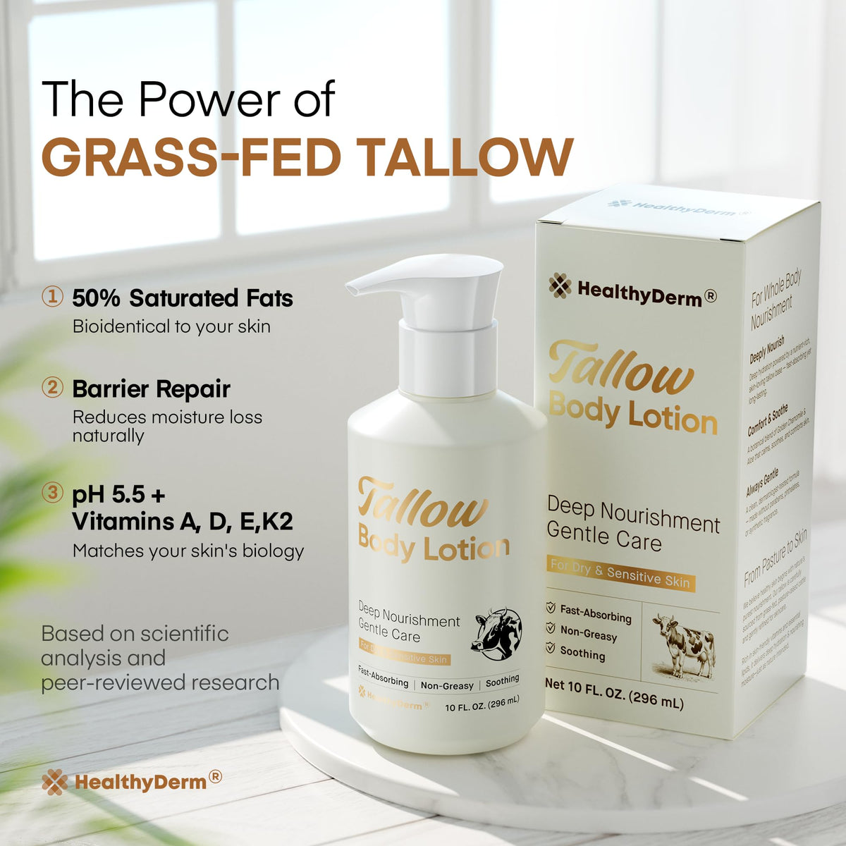 HealthyDerm label detail highlighting fragrance-free and dermatologist-tested