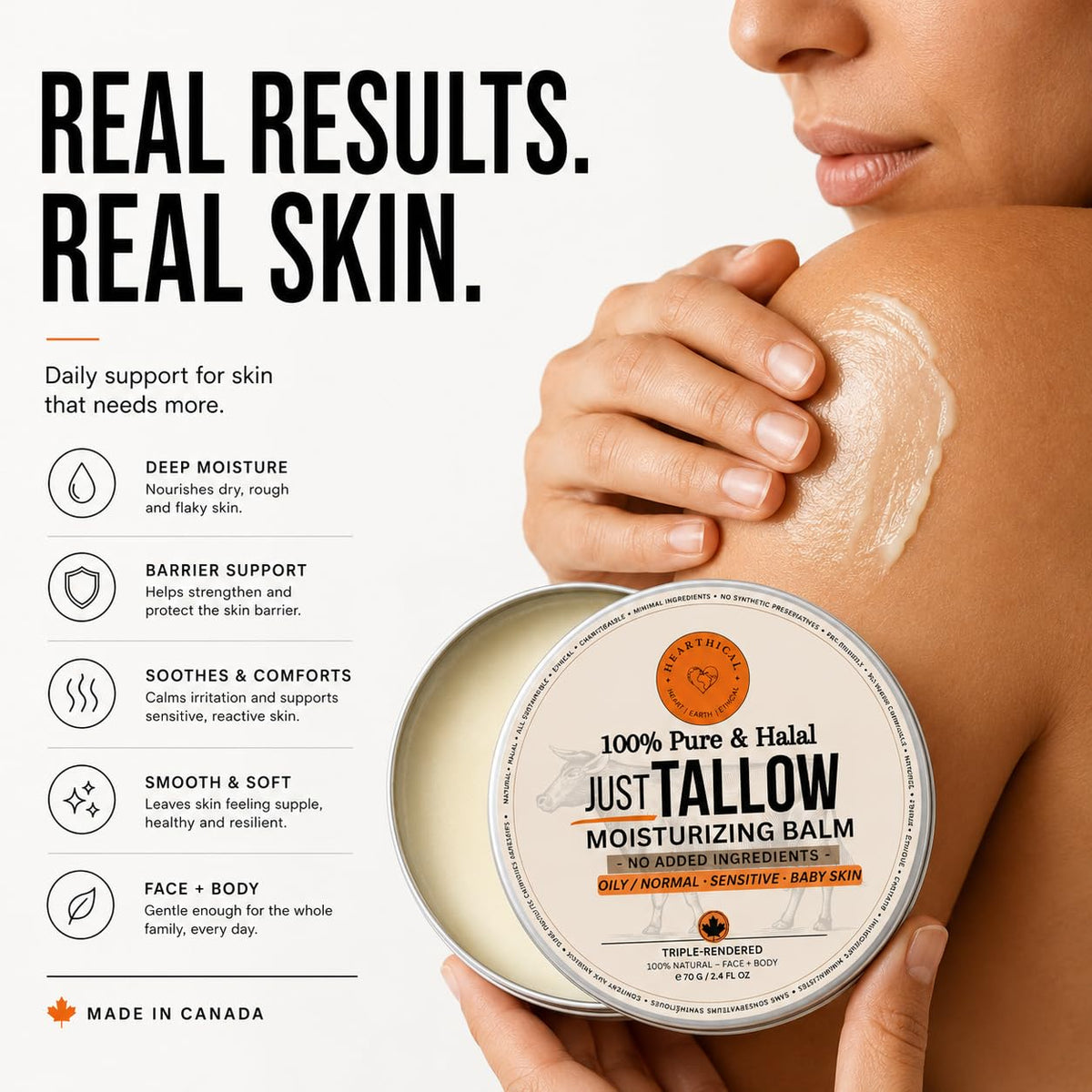 Hearthical product label highlighting halal grass-fed single-ingredient transparency