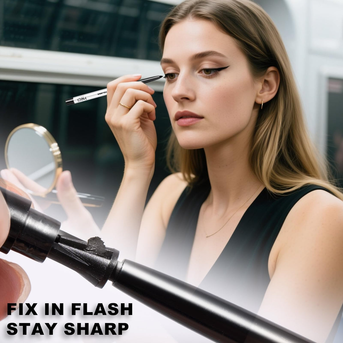 HECI BEAUTY eyeliner next to sharpener illustrating easy maintenance
