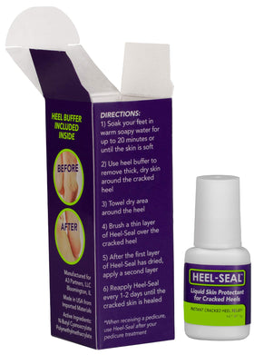 HEEL-SEAL buffer and included tools displayed, exfoliation made easy