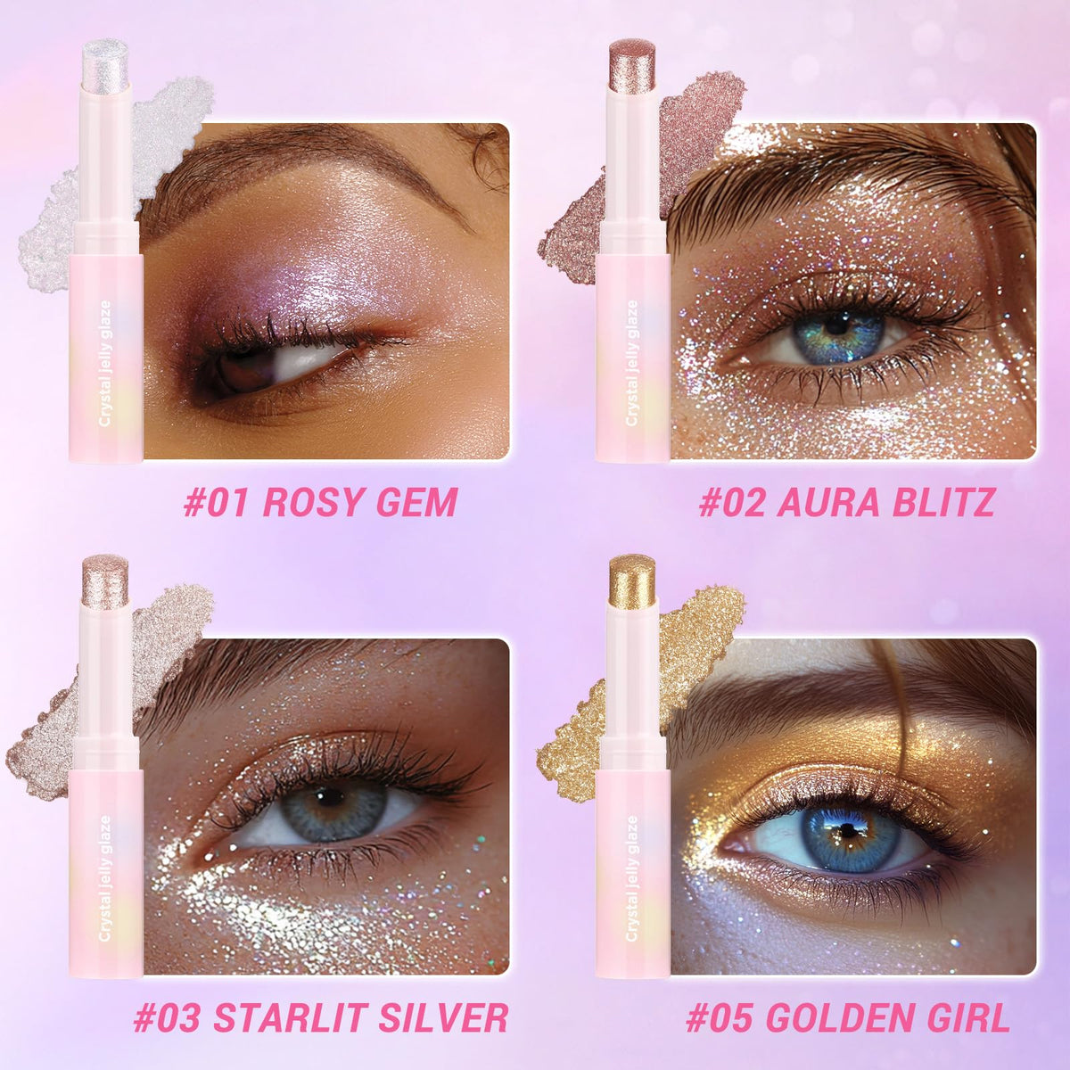 Hegafoo stick applied to eyelid demonstrating easy blend and sparkle