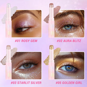 Hegafoo stick applied to eyelid demonstrating easy blend and sparkle