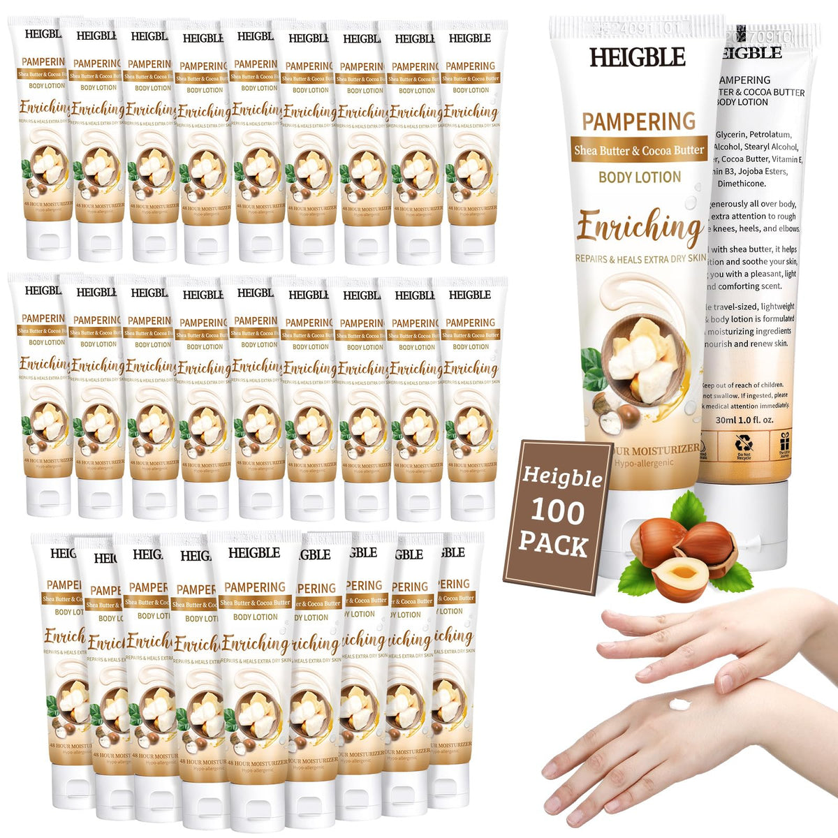 Heigble front packaging showing 100 bottles and convenience