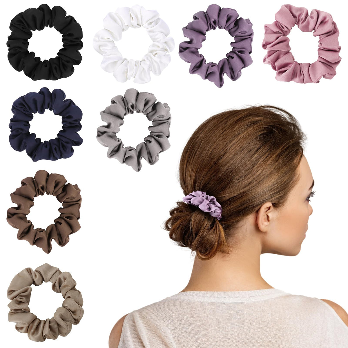 Helamvly front packaging showing eight colorful scrunchies, elegant gift-ready presentation