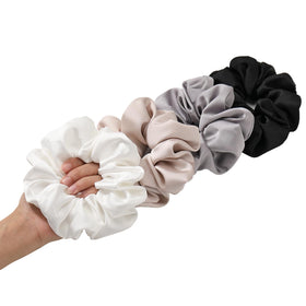 Helamvly front packaging showing four glossy jumbo scrunchies as a neat set