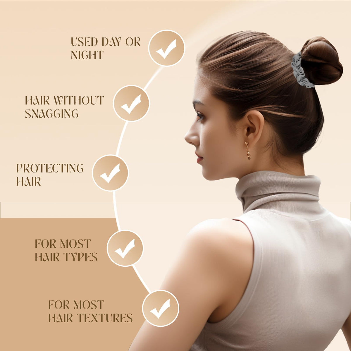 Helamvly scrunchie worn in a ponytail on model, comfortable hold and polished look