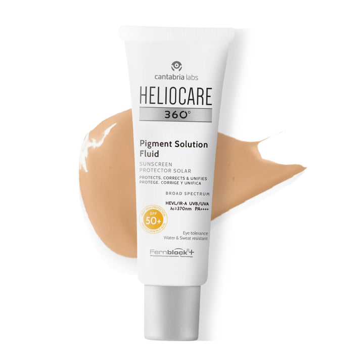 Heliocare front packaging showing SPF50 and pigment solution benefits