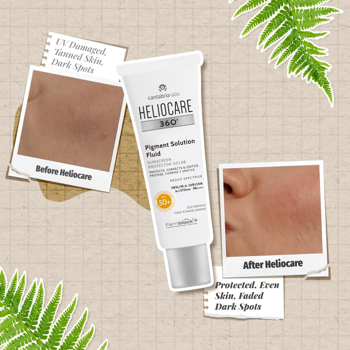 Heliocare product label close-up highlighting pigment-reducing technology