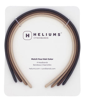 Heliums front packaging showing four neutral thin headbands and neat presentation benefit: easy selection