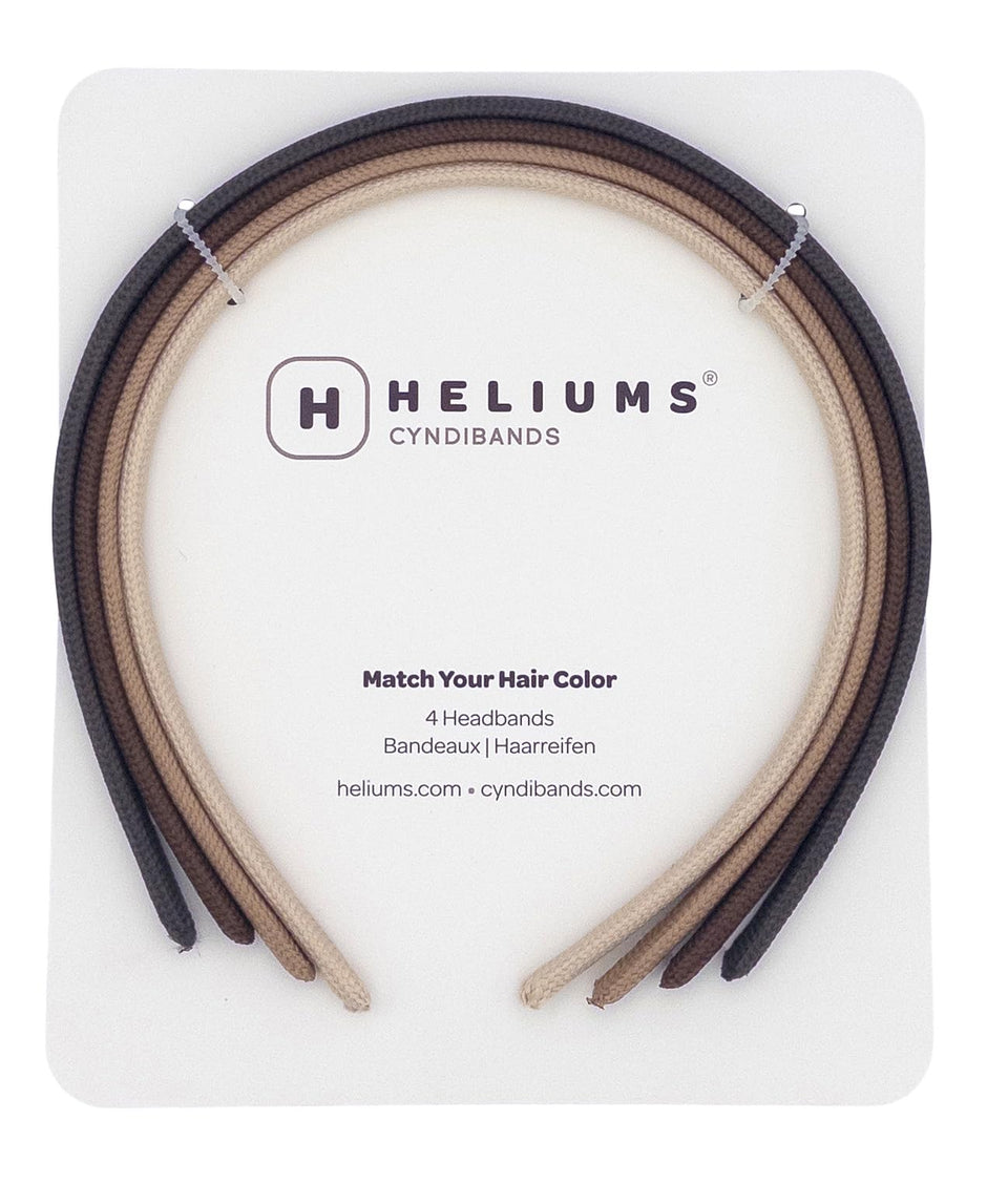 Heliums front packaging showing four neutral thin headbands and neat presentation benefit: easy selection