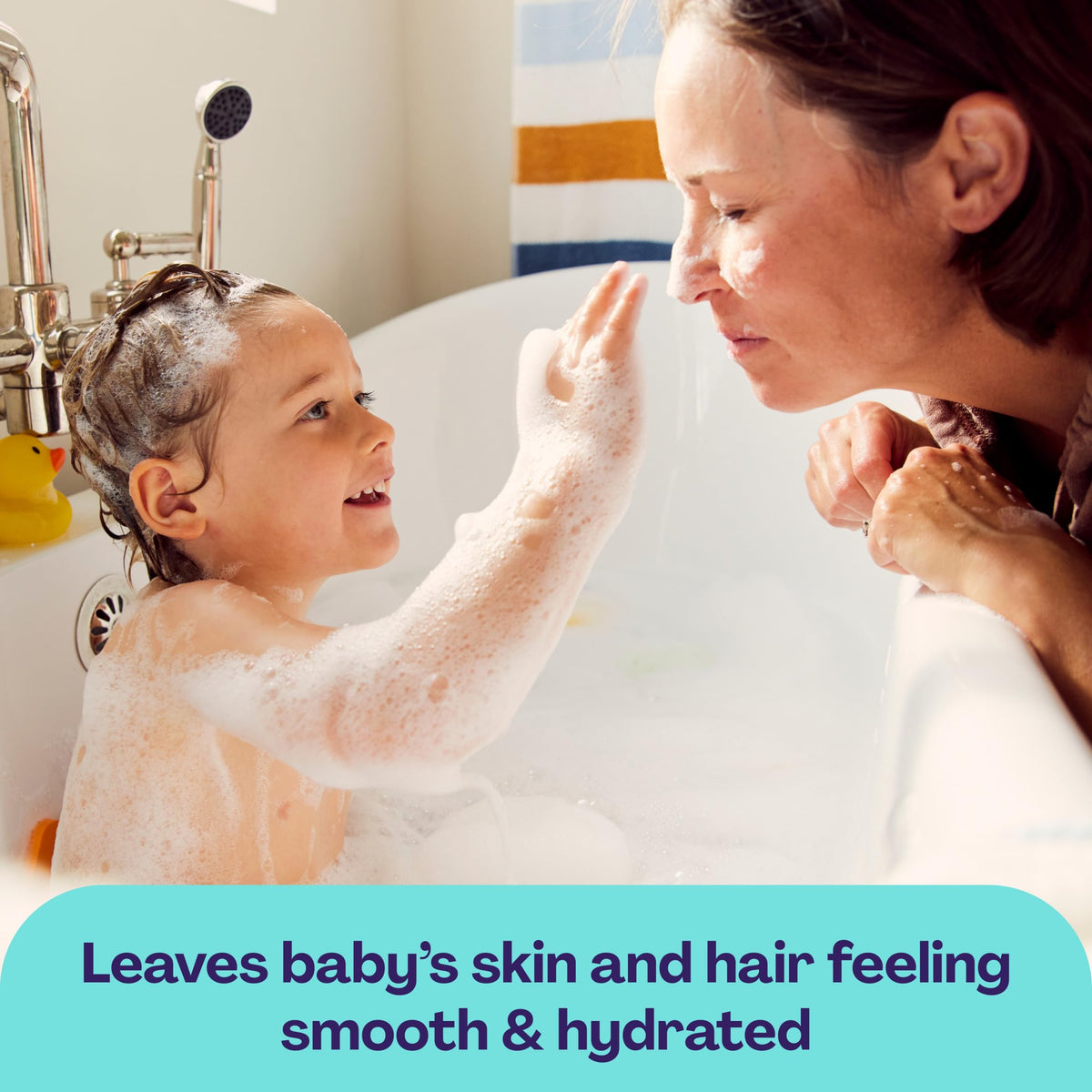 Hello Bello bottle in baby bathtub during use showing calm bath routine