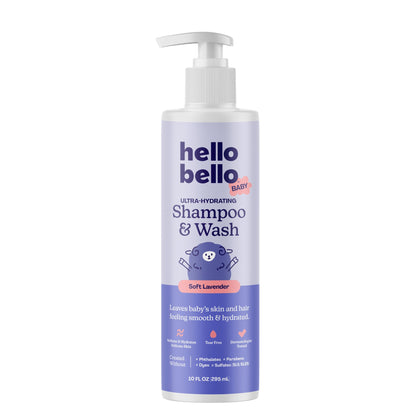 Hello Bello front bottle view showing gentle lavender and calming benefits