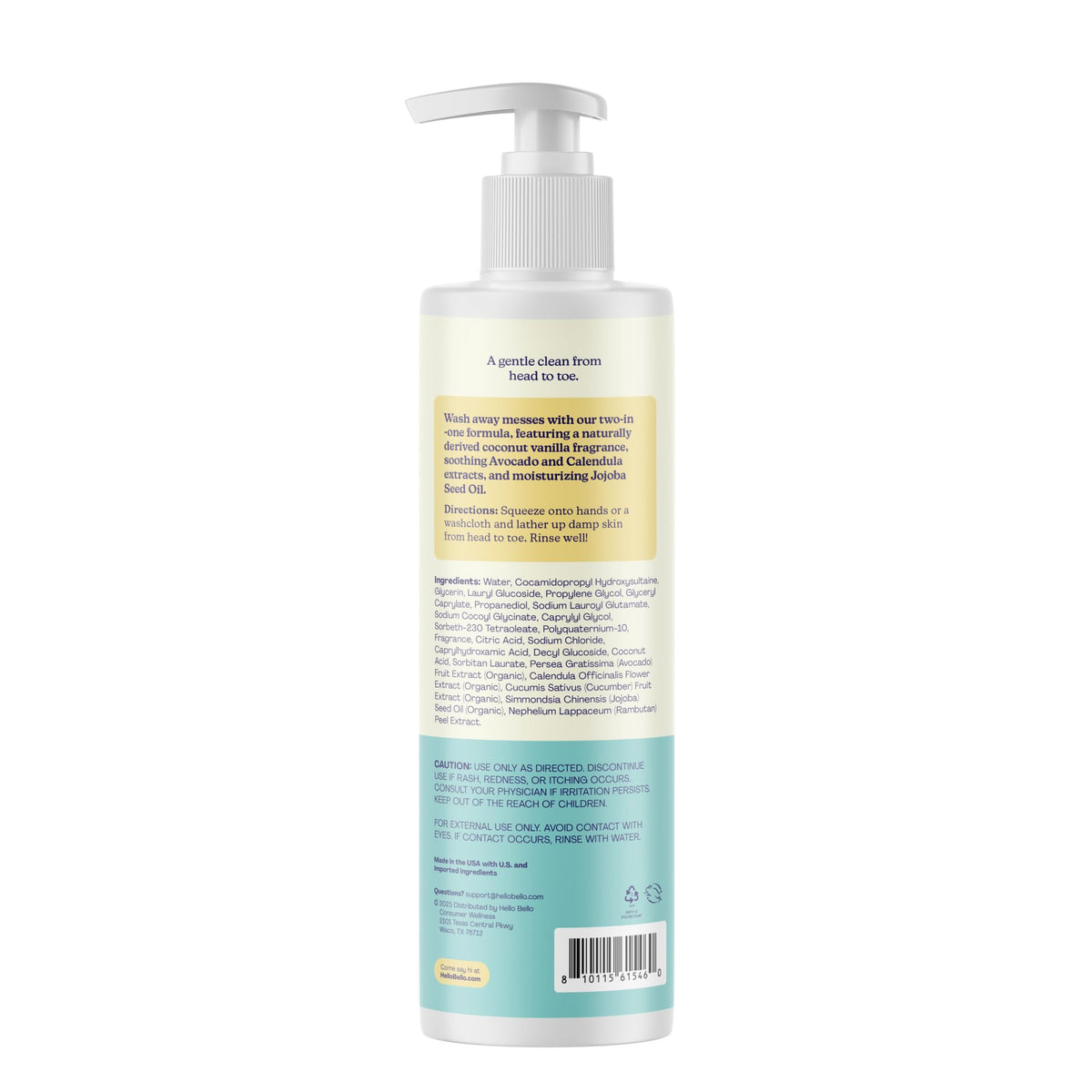 Hello Bello coconut and vanilla ingredients photo suggesting gentle scent